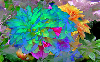Flowers, blue, art, poster, orange, pink, painting, pictura, flower, green, yellow, texture HD wallpaper