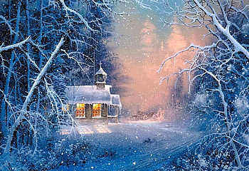 Warm Welcome, glow, pretty, art, lights, snow, trees, church HD wallpaper