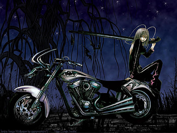 Maya Natsume, night, motorcycle, shotgun, lone, bike, tenjou tenge, female, natsume maya, girl, dark, tree, anime girl, tenjho tenge, anime, white hair, weapon, maya, dark background, motorbike HD wallpaper