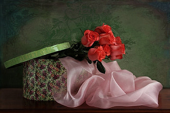 still life, great, bouquet, graphy, gift, beauty, nice, rose, delicate, flower, , amazing, roses, elegantly, romance, beautiful, pink, box, pretty, green, red, cool, romantic, flowers, scarf, lovely, harmony HD wallpaper