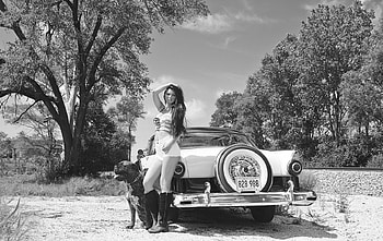 The Classic Look. ., style, cowgirl, fun, pitbull, ranch, outdoors, pet, western, female, brunettes, fashion, Amber Rose, models, girls, women, boots, Ford HD wallpaper