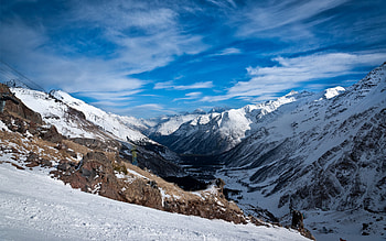 Mountains, blue, skies, alpine, pass, beautiful, snow, valley, clouds, nature HD wallpaper