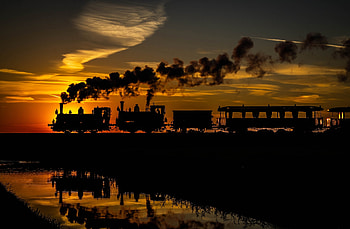 Sunset train, sunset, black, reflection, train, orange, water, silhouette HD wallpaper