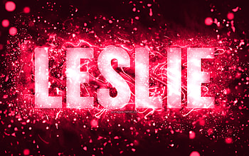 Happy Birtay Leslie, , pink neon lights, Leslie name, creative, Leslie Happy Birtay, Leslie Birtay, popular american female names, with Leslie name, Leslie HD wallpaper
