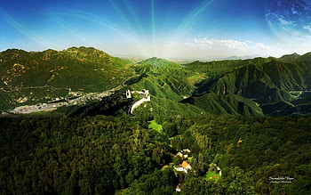 Nature, Trees, Mountains, Sun, Great Wall Of China, Beams, Rays HD wallpaper
