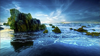 beautiful peaceful beach e, moss, r, rocks, surf, beach HD wallpaper