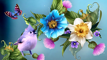 Little Lavender Birds, flowers, spring, bird, Firefox theme, summer, shine HD wallpaper