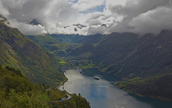 lovely geiranger fjord in norway, town, clouds, cruise ships, road, mountains, fjord HD wallpaper