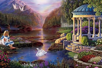 Little Girl by The Lake, gazebo, girl, lake, Pretty, Swan, magical, scenic, flowers, mountains, Digital art, child HD wallpaper