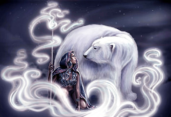Sorceress And Polar Bear, magic, staff, polar bear, fantasy, Sorceress HD wallpaper