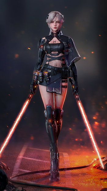 Silver-Haired Jedi Sentinel | Twin Red-Lightblade Valkyrie | Sci-Fi Bladewalker, woman warrior, short hair, white hair, lightsaber, Sci Fi, Star Wars HD phone wallpaper