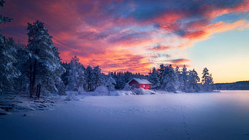 Winter sunset at Ringerike, Norway, scandinavia, snow, colors, landscape, clouds, sky, cabin HD wallpaper