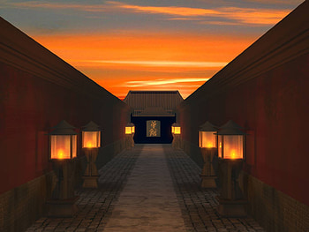 Sunset in the Enclave, architecture, japan, lamps, paths, fantasy, asia, clouds, sky, sunset HD wallpaper