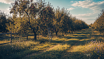 Apple Orchard in —, Fence, Path HD wallpaper