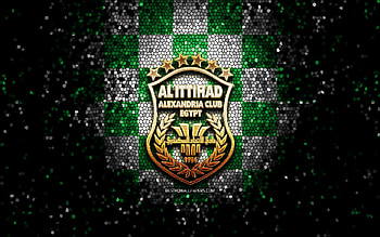 Al-Ittihad Alexandria FC, glitter logo, Egyptian Premier League, green white checkered background, EPL, soccer, egyptian football club, Al-Ittihad Alexandria logo, Al Ittihad, mosaic art, football, Al-Ittihad Alexandria HD wallpaper