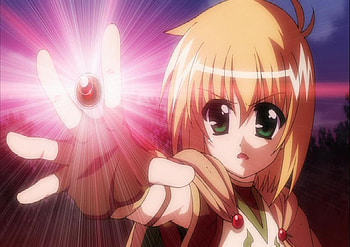 Yuuno Scrya Screenshot, blonde, other, raising heart, scrennshot, yuuno scrya, mgln, magical girl lyrical nanoha, anime, boy, cape, powers, orb light HD wallpaper