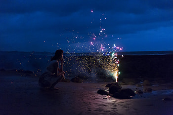 Woman, Fireworks, Night, Beach HD wallpaper