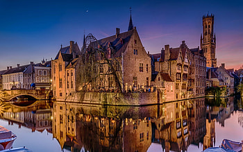 Bruges Belgium night, River houses, Lights HD wallpaper