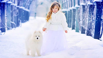 Cute Little Girl Is Standing On Snow With Dog Wearing White Dress In Snowfall Background Cute HD wallpaper