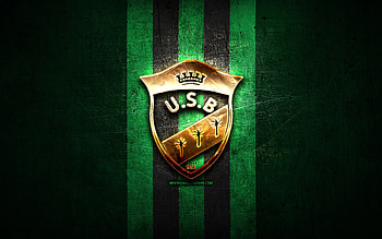US Biskra, golden logo, Algerian Ligue Professionnelle 1, green metal background, football, Algerian football club, US Biskra logo, soccer, Union Sportive Biskra HD wallpaper
