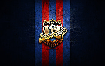 Atletico Venezuela FC, golden logo, La Liga FutVe, blue metal background, football, Venezuelan football club, Atletico Venezuela logo, soccer, Venezuelan Primera Division, Atletico Venezuela CF HD wallpaper