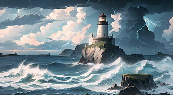 lighthouse, ocean, storm, thunderstorm, Island (Anime) HD wallpaper