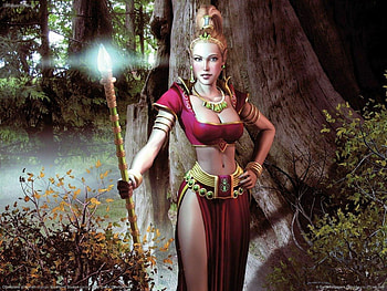 everquest champion, trees, girl, leaves, spear HD wallpaper