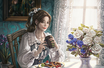 Coffee time, frumusete, white, fantasy, art, flower, coffee, girl, sansagua, rose HD wallpaper