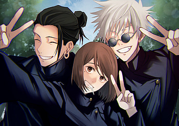 Jujutsu Kaisen Trio: Gojo, Geto & Shoko in Stunning Ultra, Satoru Gojo, Shoko Ieiri, Suguru Geto, Anime, Jujutsu Kaisen, Gojo & Geto HD wallpaper