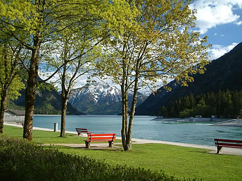 Achensee Park Lake, benches, trees, sky, lake HD wallpaper