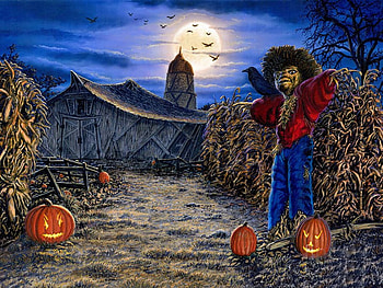 The Spooky Scarecrow, night, artwork, halloween, shed, painting, moon, ins, bats HD wallpaper