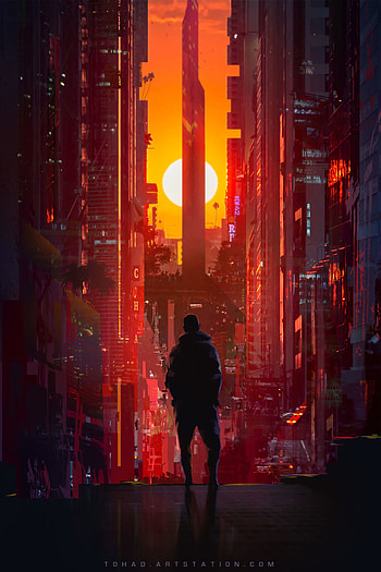 Sunset, Art, City, Silhouette, Skyscrapers HD phone wallpaper