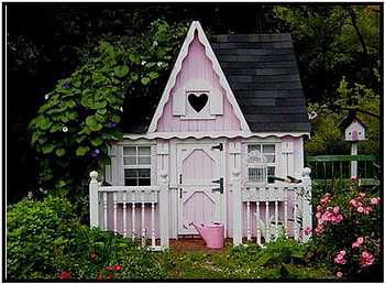 Little Pink Cottage, trees, garden, pink cottage, mailbox HD wallpaper