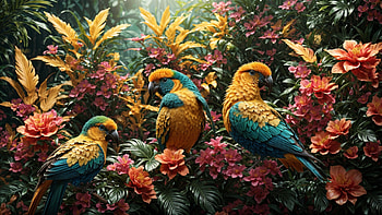 Colorful Birds, bird, colorful, flower, jungle, tree HD wallpaper