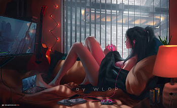 Relaxing, art, wlop, pink, fantasy, girl, dark HD wallpaper