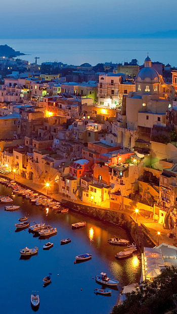 Procida island, Marina Corricella, Bay of Naples, Dusk's tranquility HD phone wallpaper