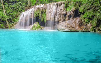 Blue Waterfall, water, tropical, river, thailand, trees, rocks HD wallpaper
