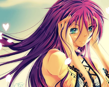 Maiden, purple hair, long hair, beauty, nice, lady, petals, , happy, female, sexy, sweet, smile, hot, girl, beautiful, anime girl, simple, anime, pretty, lovely HD wallpaper