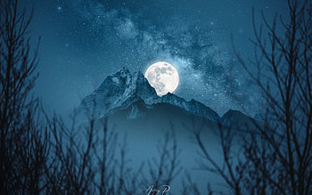 Full moon, night, blue, white, full, moon, luna, mountain HD wallpaper