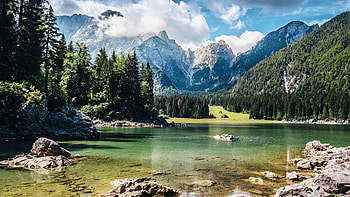 Lago Di Fusini - Italy, landscape, clouds, trees, sky, water, mountains, alps, stones HD wallpaper
