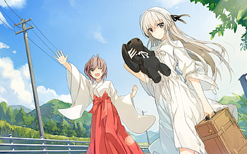 Hey! We're Finally Here!, Sora Kasugano, Anime Friends, Trees, Smile, Powerlines, Priest Outfit, Big Eyes, Clouds, Mountain, Anime Girl, Kasugano, Friends, Blue Sky, Anime, Amatsume, Brunette, Akira Amatsume, Silver Hair, Teddy Bear, Yosuga no Sora, Long Hair, Sora, Akira HD wallpaper