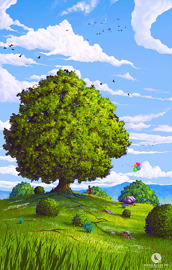 Art, Summer, Balloons, Wood, Tree, Field, Child, Air Balloons HD phone wallpaper