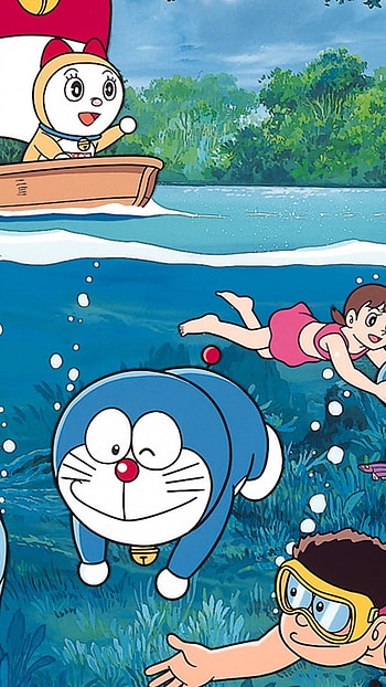 Shinchan And Doraemon, Swimming, River Background HD phone wallpaper
