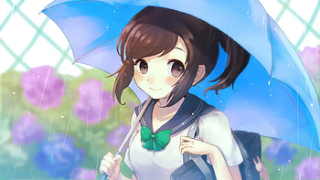 Rain Shower, raining, umbrella, blouse, cute, floral, long hair, beauty, nice, ponytail, wet, cg, flower, , adorable, water, female, blossom, sweet, rain, ribbon, garden, girl, rainy, beautiful, kawaii, anime girl, anime, pretty, brown hair, blushing, blush, lovely HD wallpaper