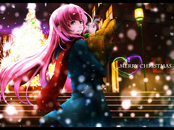 Megurine Luka, luka, merry chritmas, pink hair, long hair, snow, snowing, flowers, scarf HD wallpaper