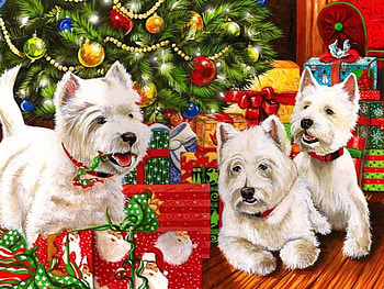 Christmas Sweeties, artwork, decoration, painting, ornaments, dogs, christmas tree HD wallpaper