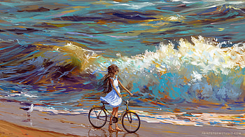 Art, Sea, Shore, Bank, Child, Bicycle, Cyclist HD wallpaper