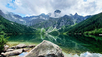 Lake Morskie Oko, Poland, sky, rocks, mountains, trees, landscape, clouds HD wallpaper