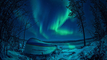 Northern Lights, boat, winter, snow, landscape, lake, evening, aurora HD wallpaper