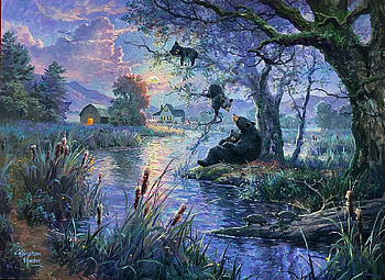 Relaxing at the River, artwork, bears, painting, house, trees, cubs, turtles HD wallpaper